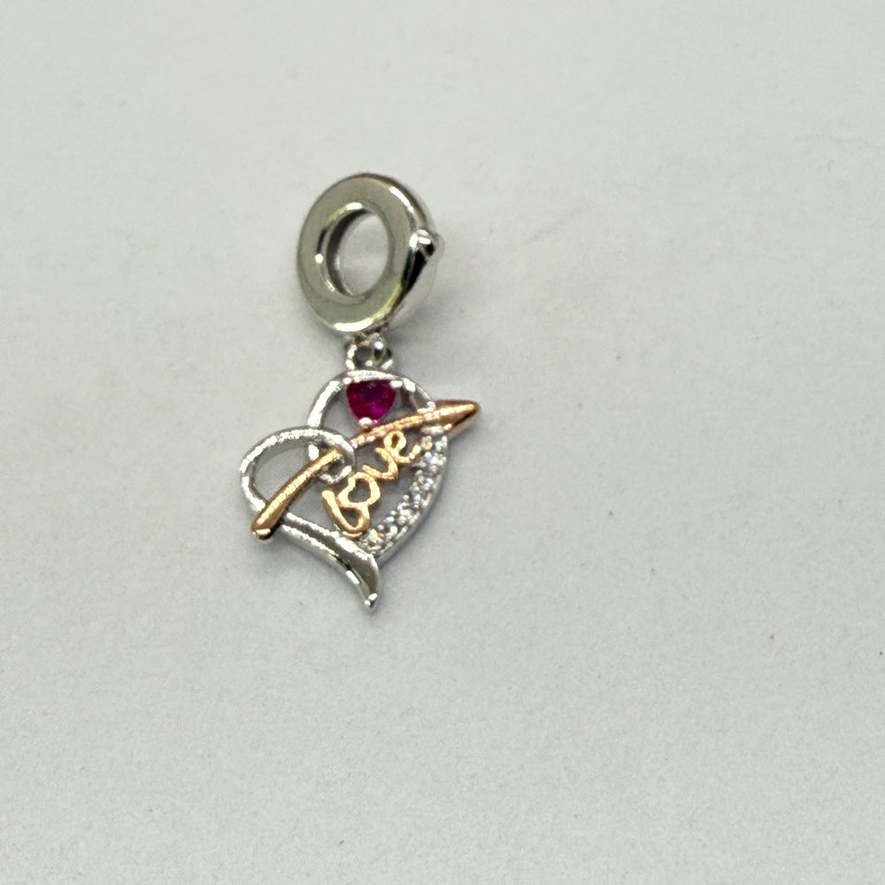 Sterling Silver Love Heart Dangle Charm – Rose Gold Arrow & Red Gem Accent